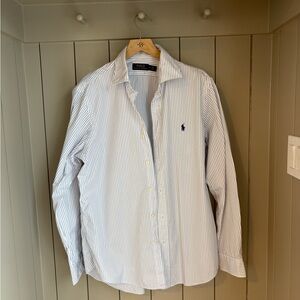 Polo Ralph Lauren Men's White and Blue Striped Shirt 10% cotton Size M